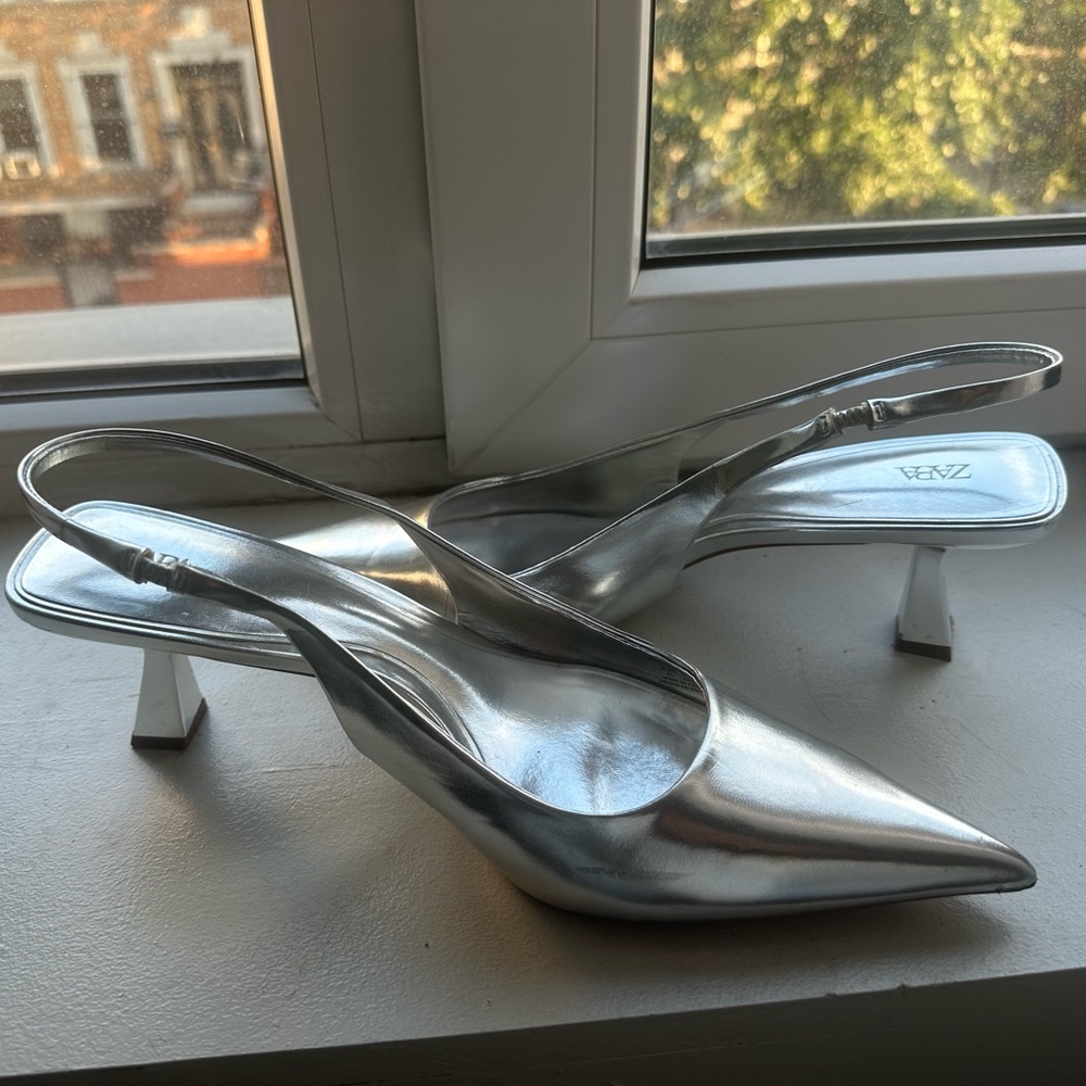 Zara Metallic Silver Pointy Slingbacks
